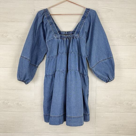 Free People Denim Babydoll Dress Women XS Light Blue Square Neck Balloon Sleeves - Picture 2 of 16